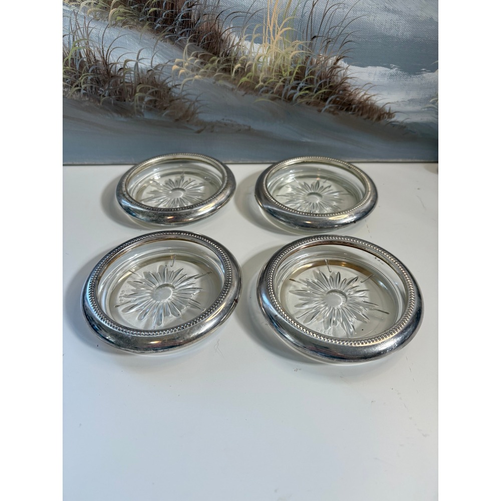 Leonard Italy Silverplate and Glass Coasters Set of 4 Vintage Starburst Beaded